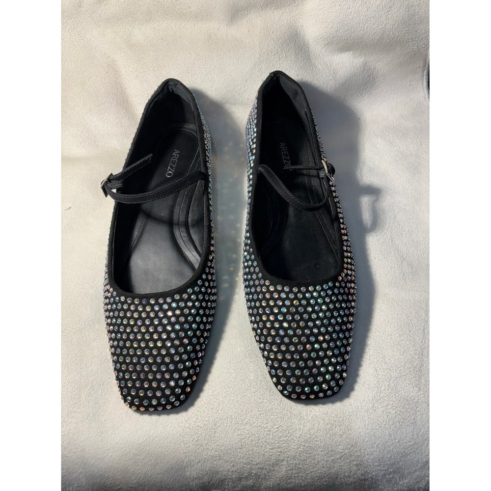 Arezzo Mary Jane Flats Women 9B Black Rhinestone Square Toe Buckle Strap Shoes